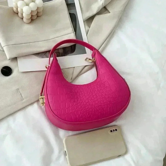 Hot Pink Casual Women's Solid Color Crocodile Pattern Shoulder Bag - Picture 3 of 6